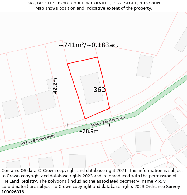 362, BECCLES ROAD, CARLTON COLVILLE, LOWESTOFT, NR33 8HN: Plot and title map