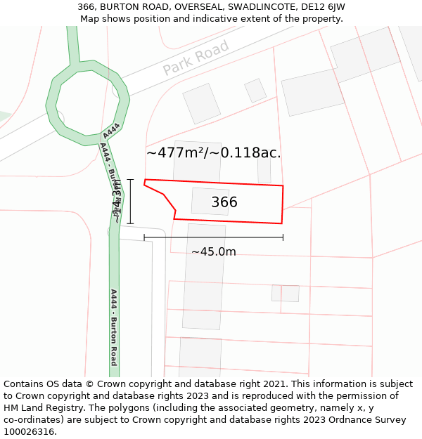 366, BURTON ROAD, OVERSEAL, SWADLINCOTE, DE12 6JW: Plot and title map