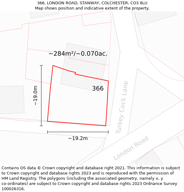 366, LONDON ROAD, STANWAY, COLCHESTER, CO3 8LU: Plot and title map