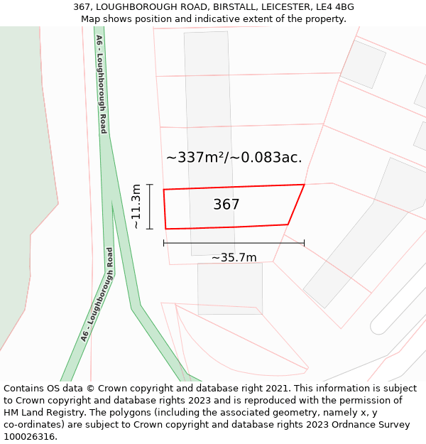 367, LOUGHBOROUGH ROAD, BIRSTALL, LEICESTER, LE4 4BG: Plot and title map