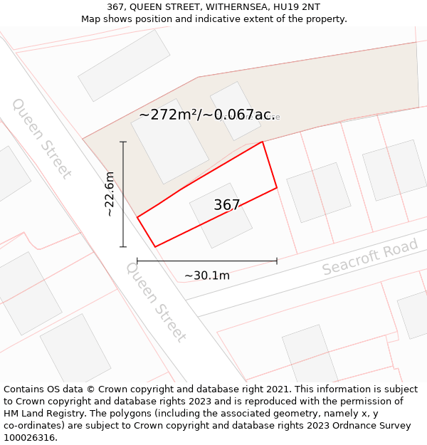 367, QUEEN STREET, WITHERNSEA, HU19 2NT: Plot and title map