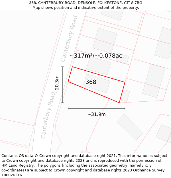 368, CANTERBURY ROAD, DENSOLE, FOLKESTONE, CT18 7BG: Plot and title map