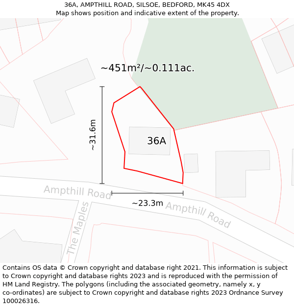 36A, AMPTHILL ROAD, SILSOE, BEDFORD, MK45 4DX: Plot and title map