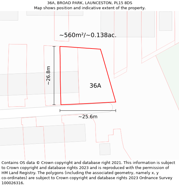 36A, BROAD PARK, LAUNCESTON, PL15 8DS: Plot and title map