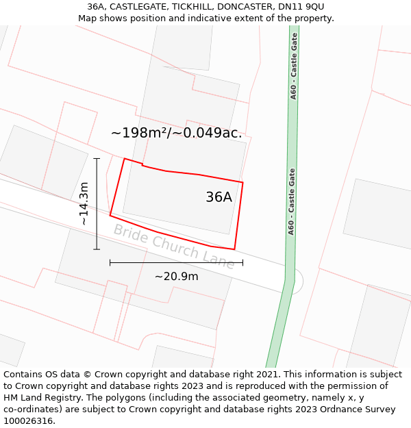 36A, CASTLEGATE, TICKHILL, DONCASTER, DN11 9QU: Plot and title map