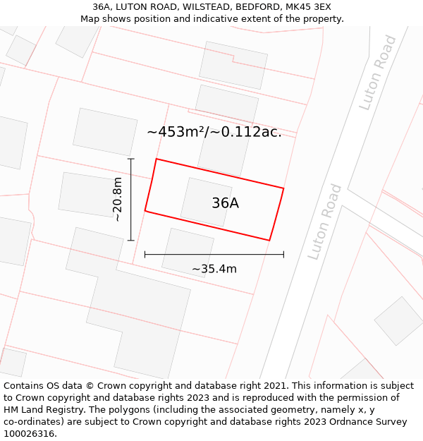 36A, LUTON ROAD, WILSTEAD, BEDFORD, MK45 3EX: Plot and title map