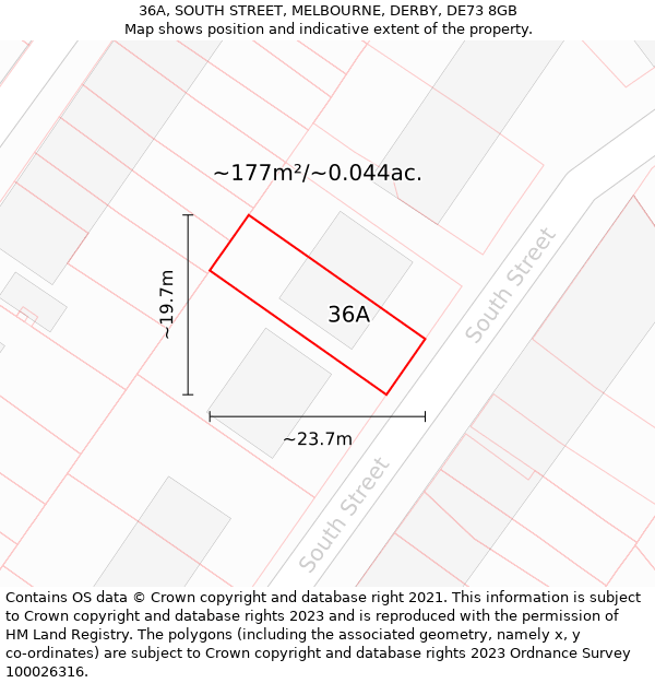 36A, SOUTH STREET, MELBOURNE, DERBY, DE73 8GB: Plot and title map