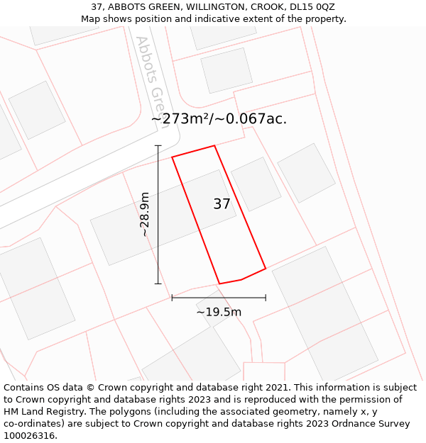 37, ABBOTS GREEN, WILLINGTON, CROOK, DL15 0QZ: Plot and title map