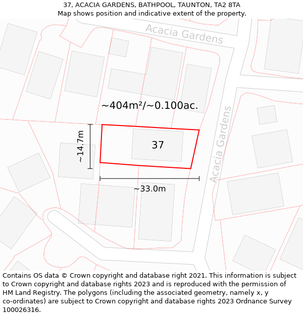 37, ACACIA GARDENS, BATHPOOL, TAUNTON, TA2 8TA: Plot and title map