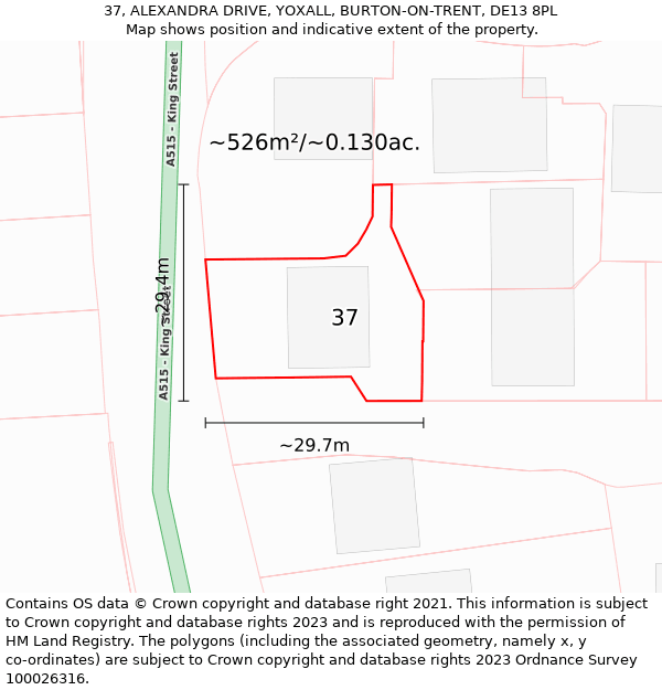 37, ALEXANDRA DRIVE, YOXALL, BURTON-ON-TRENT, DE13 8PL: Plot and title map