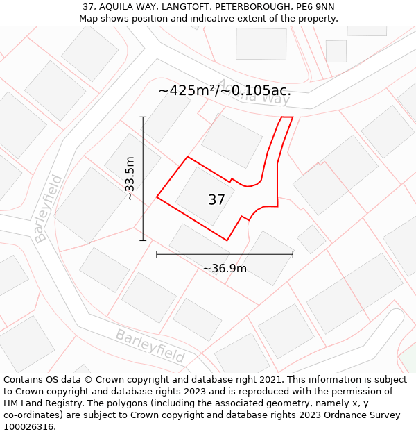 37, AQUILA WAY, LANGTOFT, PETERBOROUGH, PE6 9NN: Plot and title map