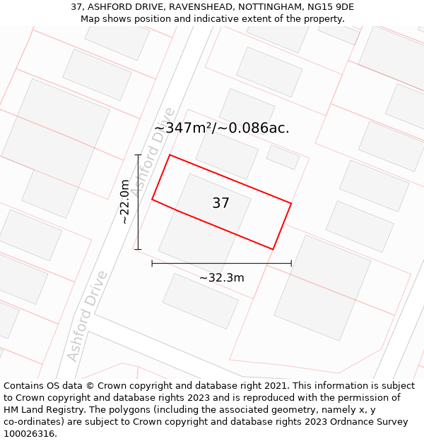 37, ASHFORD DRIVE, RAVENSHEAD, NOTTINGHAM, NG15 9DE: Plot and title map