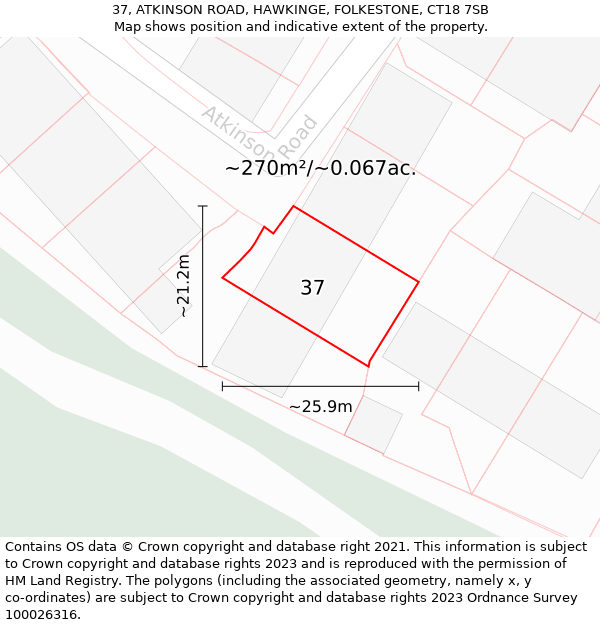 37, ATKINSON ROAD, HAWKINGE, FOLKESTONE, CT18 7SB: Plot and title map