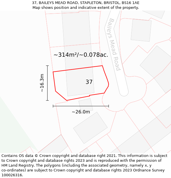 37, BAILEYS MEAD ROAD, STAPLETON, BRISTOL, BS16 1AE: Plot and title map