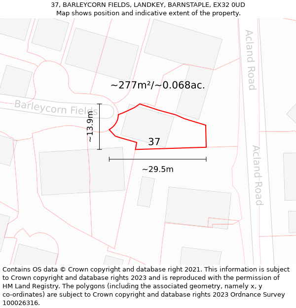 37, BARLEYCORN FIELDS, LANDKEY, BARNSTAPLE, EX32 0UD: Plot and title map