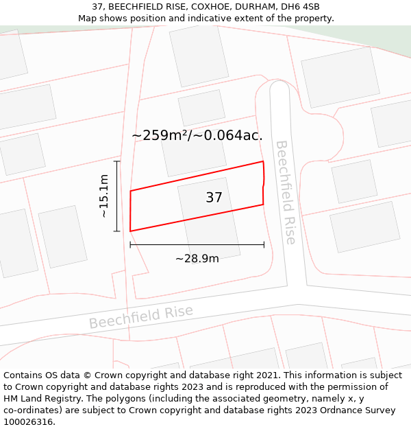 37, BEECHFIELD RISE, COXHOE, DURHAM, DH6 4SB: Plot and title map