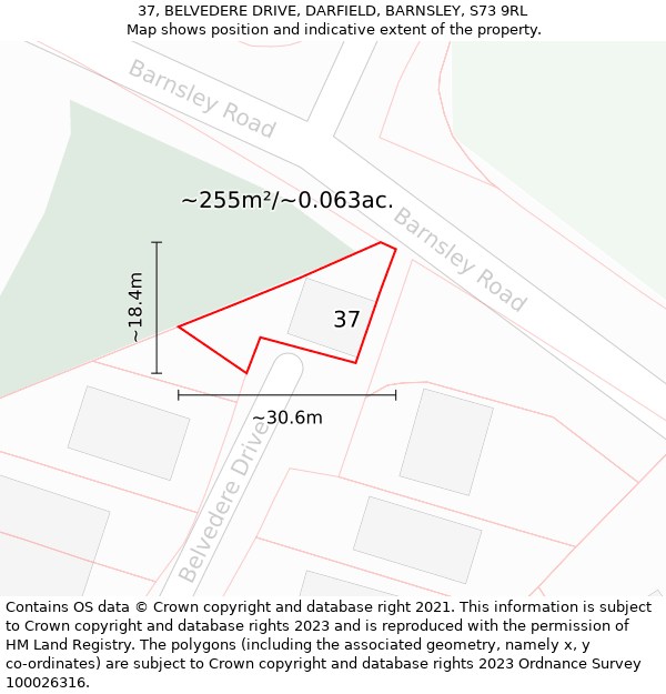 37, BELVEDERE DRIVE, DARFIELD, BARNSLEY, S73 9RL: Plot and title map