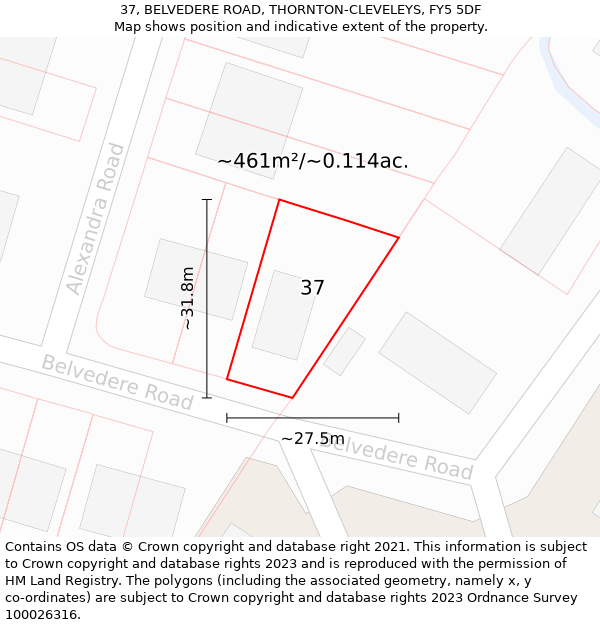 37, BELVEDERE ROAD, THORNTON-CLEVELEYS, FY5 5DF: Plot and title map