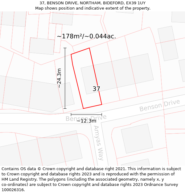 37, BENSON DRIVE, NORTHAM, BIDEFORD, EX39 1UY: Plot and title map