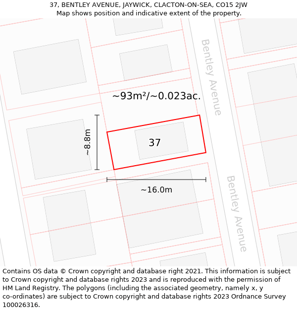 37, BENTLEY AVENUE, JAYWICK, CLACTON-ON-SEA, CO15 2JW: Plot and title map