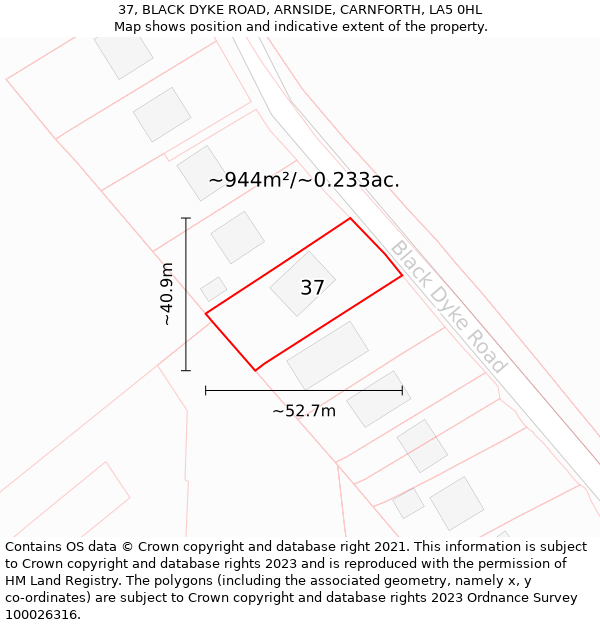 37, BLACK DYKE ROAD, ARNSIDE, CARNFORTH, LA5 0HL: Plot and title map