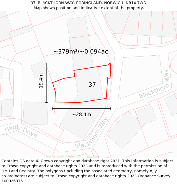 37, BLACKTHORN WAY, PORINGLAND, NORWICH, NR14 7WD: Plot and title map