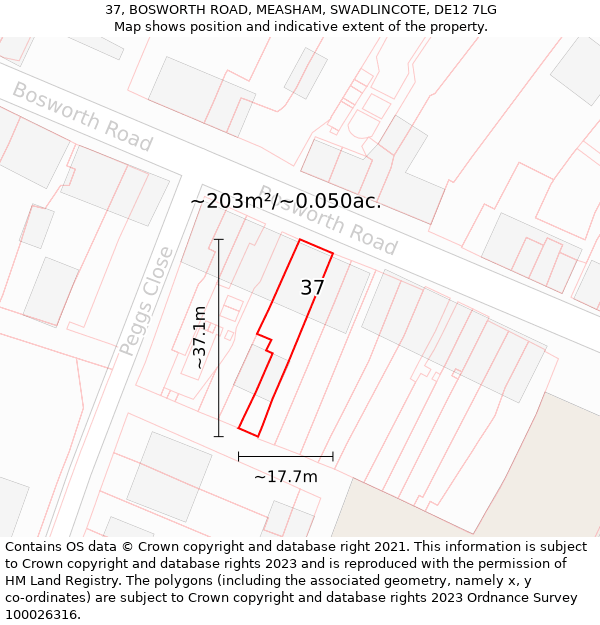 37, BOSWORTH ROAD, MEASHAM, SWADLINCOTE, DE12 7LG: Plot and title map