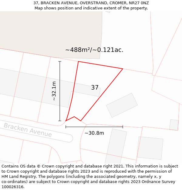 37, BRACKEN AVENUE, OVERSTRAND, CROMER, NR27 0NZ: Plot and title map