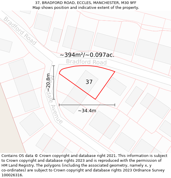 37, BRADFORD ROAD, ECCLES, MANCHESTER, M30 9FF: Plot and title map