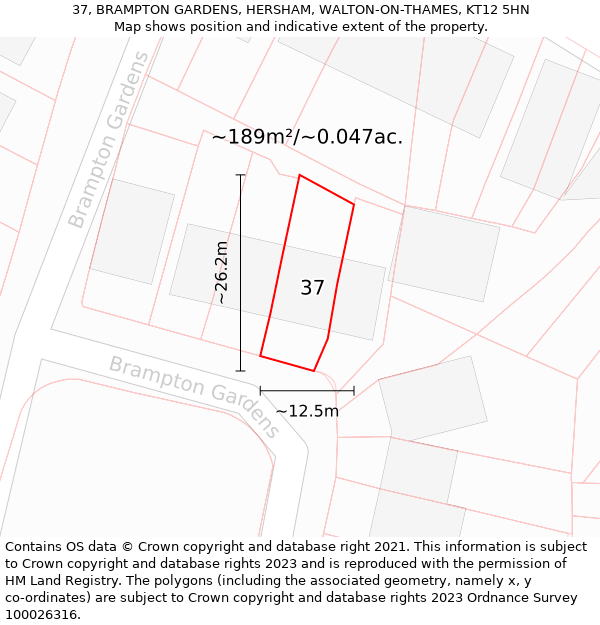 37, BRAMPTON GARDENS, HERSHAM, WALTON-ON-THAMES, KT12 5HN: Plot and title map