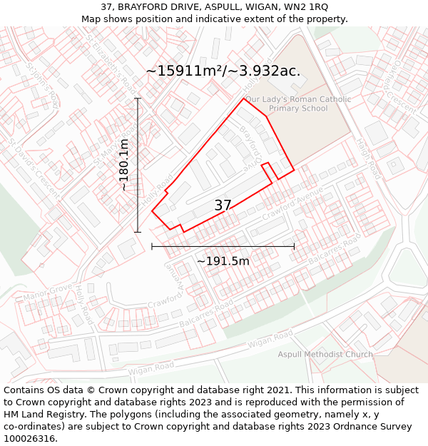 37, BRAYFORD DRIVE, ASPULL, WIGAN, WN2 1RQ: Plot and title map