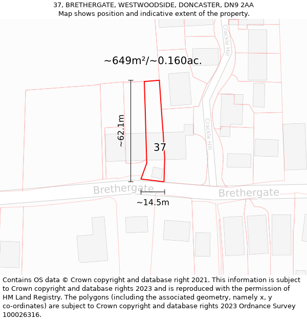 37, BRETHERGATE, WESTWOODSIDE, DONCASTER, DN9 2AA: Plot and title map