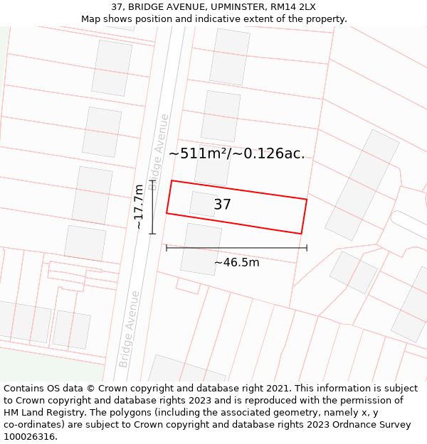 37, BRIDGE AVENUE, UPMINSTER, RM14 2LX: Plot and title map