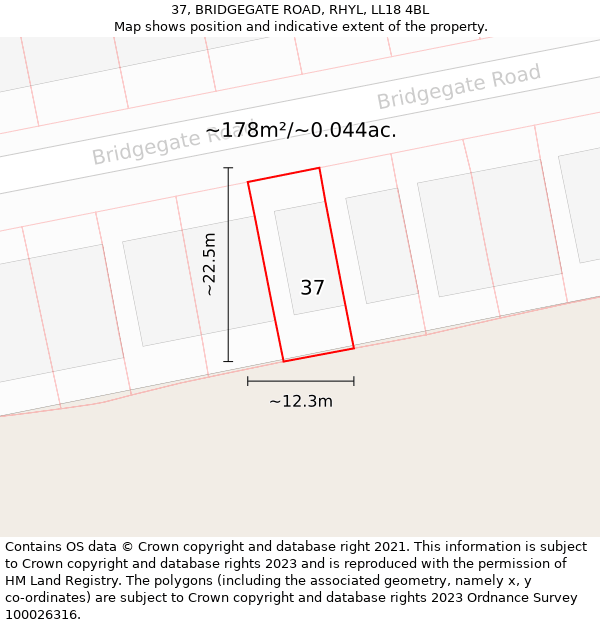 37, BRIDGEGATE ROAD, RHYL, LL18 4BL: Plot and title map