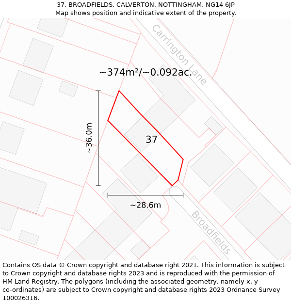 37, BROADFIELDS, CALVERTON, NOTTINGHAM, NG14 6JP: Plot and title map