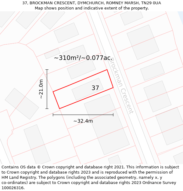 37, BROCKMAN CRESCENT, DYMCHURCH, ROMNEY MARSH, TN29 0UA: Plot and title map