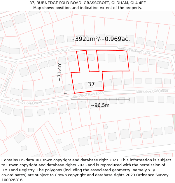 37, BURNEDGE FOLD ROAD, GRASSCROFT, OLDHAM, OL4 4EE: Plot and title map