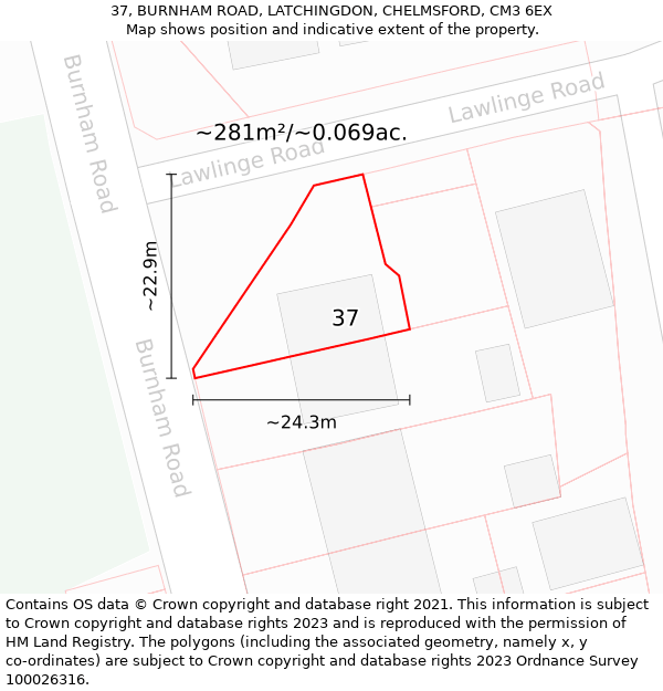 37, BURNHAM ROAD, LATCHINGDON, CHELMSFORD, CM3 6EX: Plot and title map