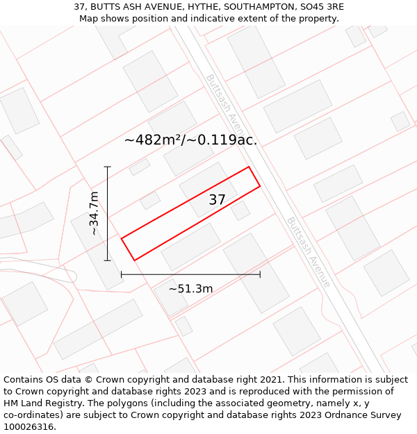 37, BUTTS ASH AVENUE, HYTHE, SOUTHAMPTON, SO45 3RE: Plot and title map