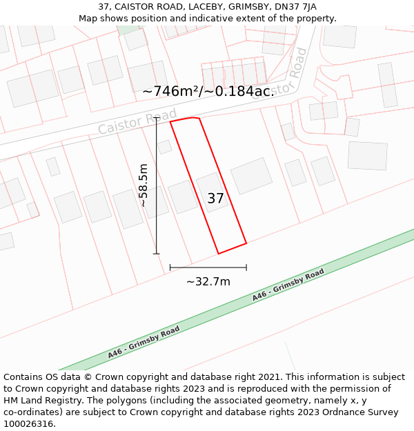 37, CAISTOR ROAD, LACEBY, GRIMSBY, DN37 7JA: Plot and title map