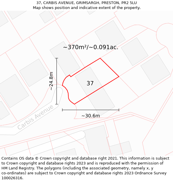 37, CARBIS AVENUE, GRIMSARGH, PRESTON, PR2 5LU: Plot and title map