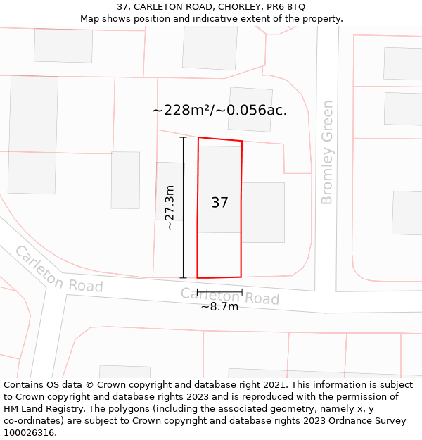 37, CARLETON ROAD, CHORLEY, PR6 8TQ: Plot and title map