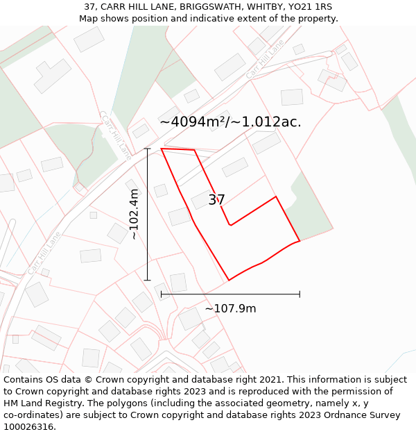 37, CARR HILL LANE, BRIGGSWATH, WHITBY, YO21 1RS: Plot and title map