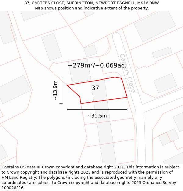 37, CARTERS CLOSE, SHERINGTON, NEWPORT PAGNELL, MK16 9NW: Plot and title map