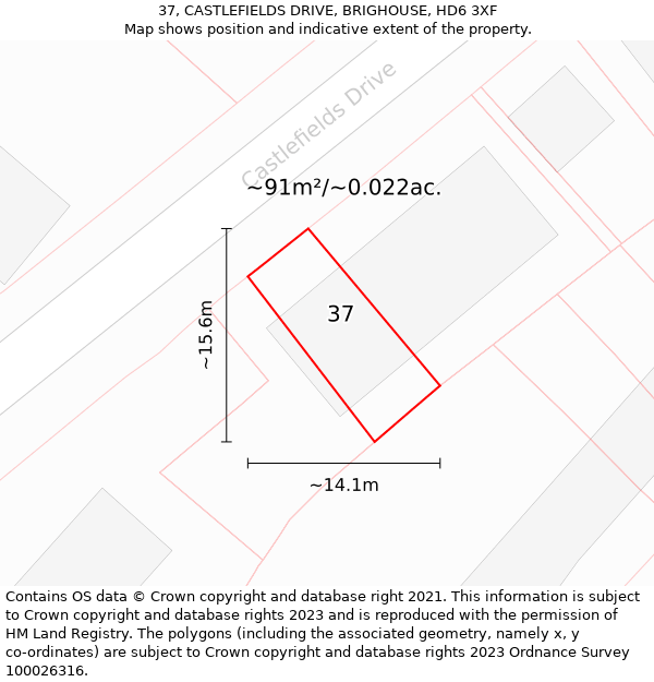 37, CASTLEFIELDS DRIVE, BRIGHOUSE, HD6 3XF: Plot and title map