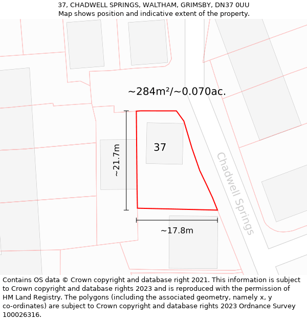 37, CHADWELL SPRINGS, WALTHAM, GRIMSBY, DN37 0UU: Plot and title map