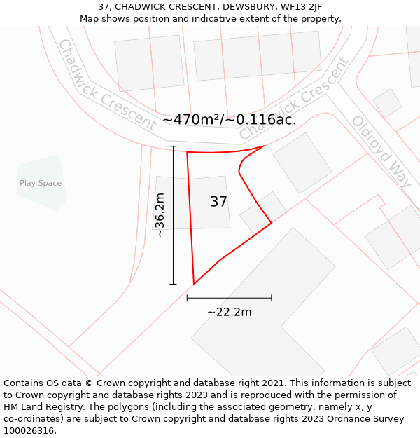 37, CHADWICK CRESCENT, DEWSBURY, WF13 2JF: Plot and title map