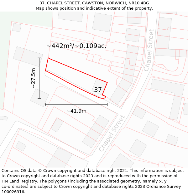 37, CHAPEL STREET, CAWSTON, NORWICH, NR10 4BG: Plot and title map