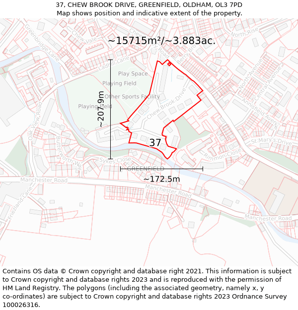 37, CHEW BROOK DRIVE, GREENFIELD, OLDHAM, OL3 7PD: Plot and title map