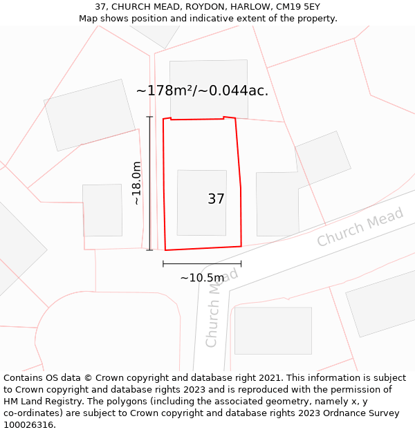 37, CHURCH MEAD, ROYDON, HARLOW, CM19 5EY: Plot and title map